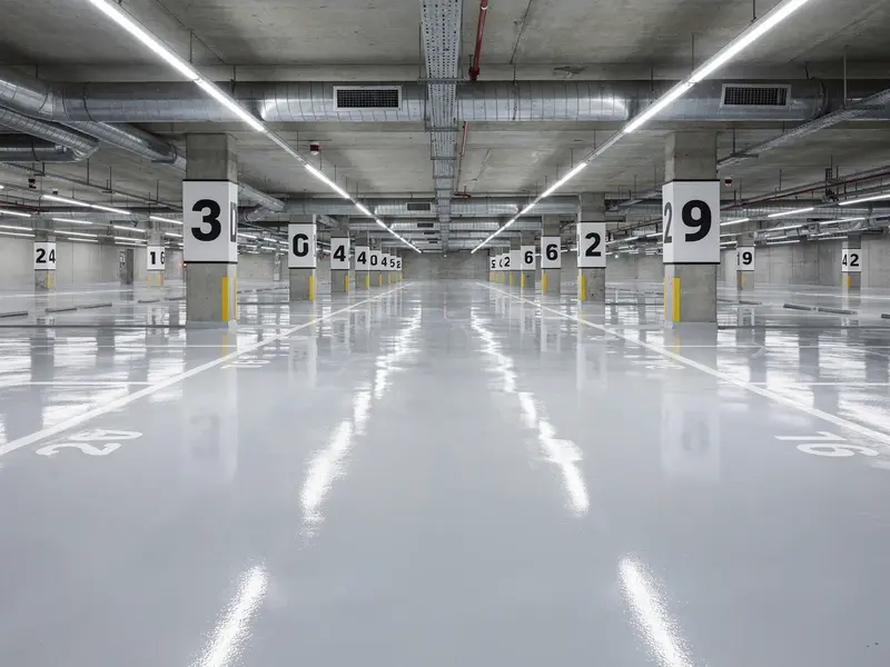 Garaje subterráneo limpio con suelo reflectante y plazas numeradas