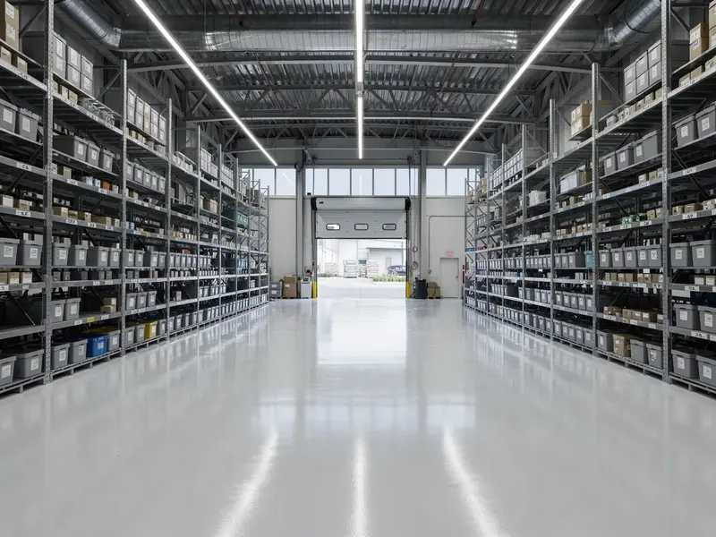 Nave industrial con suelo impecable y estanterías organizadas