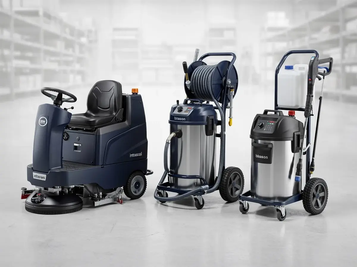 Maquinaria profesional de limpieza industrial: fregadora, aspirador y hidrolimpiadora